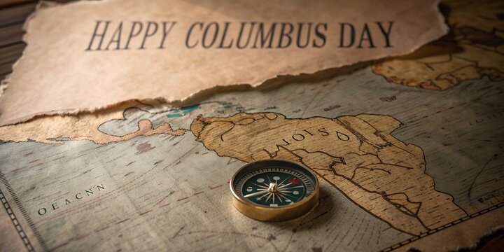 Happy columbus day vintage map and compass celebrating exploration and discovery with historical cartography and navigational tools - Powered by Adobe