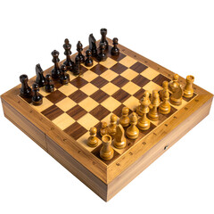 Wooden chess set arranged on a board with a black background.