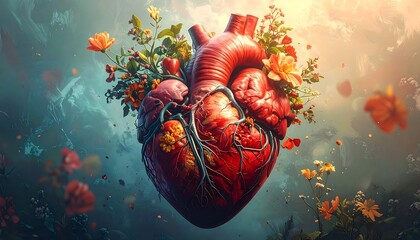 Rendered human heart, sprouting flowers, floating in dreamlike landscape