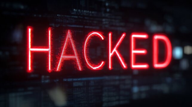A bold, red 'HACKED' sign illuminated against a dark, digital backdrop, symbolizing cybersecurity threats.