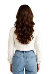 Back view of woman in jeans isolated on transparent background