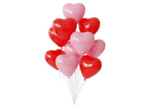 Red and pink heart shaped balloons bouquet for valentine's day, anniversary, birthday celebration, party decoration png isolated on transparent background
