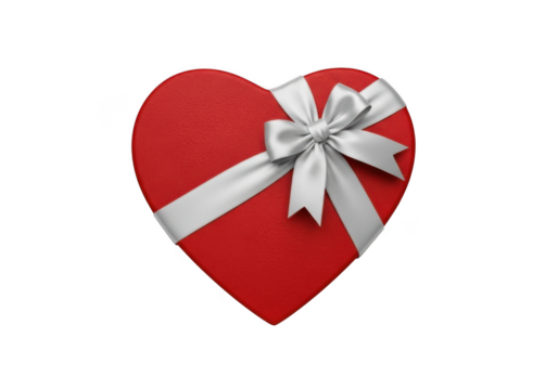 Red heart shaped gift box with silver ribbon present love valentine's day celebration isolated on transparent background - Powered by Adobe