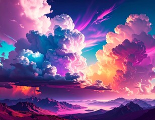 Vibrant Sunset Clouds In Shades Of Pink Purple And Orange Over Majestic Mountain Range With Bright Sky And Peaceful Horizon
