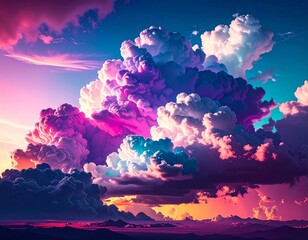 Dramatic Sunset Sky With Bright Pink And Purple Clouds Over Distant Mountains In Vibrant Colorful Evening Landscape Scene
