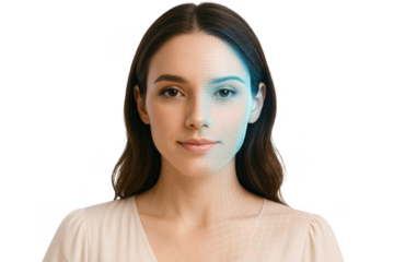 Woman with face scan isolated on transparent background
