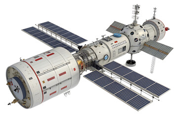 Detailed rendering of a futuristic space station with solar panels and modular design for scientific research and long duration space travel