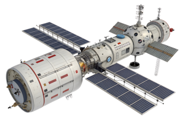 Detailed rendering of a futuristic space station with solar panels and modular design for scientific research and long duration space travel