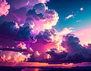 Majestic Pink And Purple Clouds During Sunset Over Mountains With Golden Light Reflections In Vibrant Peaceful Evening Sky
