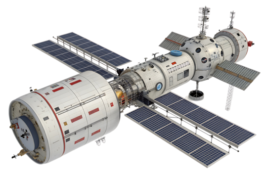 Detailed rendering of a futuristic space station with solar panels and modular design for scientific research and long duration space travel