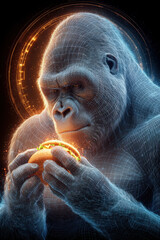 Gorilla holding burger with glowing digital effect, futuristic art