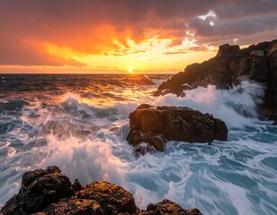 Vibrant sunset over turbulent ocean waves crashing against dark coastal rocks