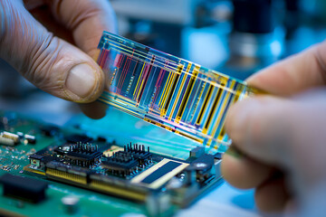 Scientist holding microchip over circuit board electronics