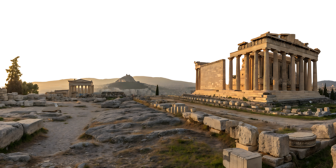 Ancient Athenian Acropolis Landscape with Parthenon and Erechtheion Temples bathed in golden sunlight Greece travel destination