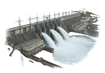 Hydroelectric Dam Water Release on transparent background