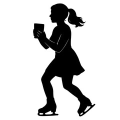 Female Figure Skater Gliding While Using a Mobile Tablet - Vector Silhouette