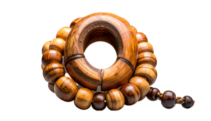 Close-up of wooden beaded bracelet, natural color, intricate design