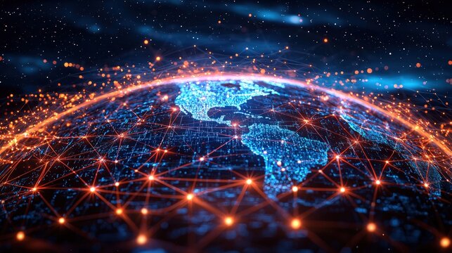 Global network connection with glowing lines and dots over planet Earth.