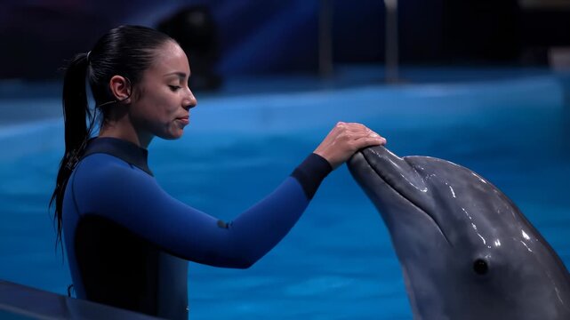 Woman Touching Dolphin's Head in Blue Water