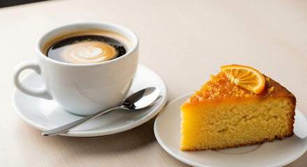 Delicious slice of orange cake with a cup of black coffee served with a spoon and saucer on a light-colored surface