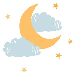 Cute Vector element Night Sky with Crescent Moon and Clouds