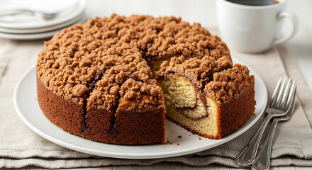 Delicious Cinnamon Streusel Coffee Cake on a White Plate with a Cup of Coffee and Fork