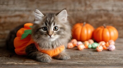 Fluffy kitten in pumpkin costume sitting on wooden table with candy and autumn decorations, Halloween theme