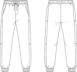 Fashionable jogger pants technical flat sketch, front and back view, detailed CAD drawing, vector illustration, modern activewear design template, apparel fashion
