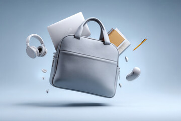 Light gray leather laptop bag with floating office accessories