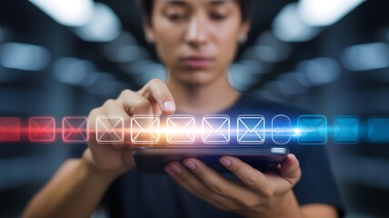 Sending Messages Young Man Navigating Email Icons on His Smartphone, Embracing Digital Communication