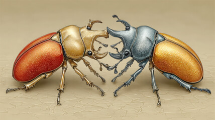 Two colorful beetle insects facing each other on cracked ground