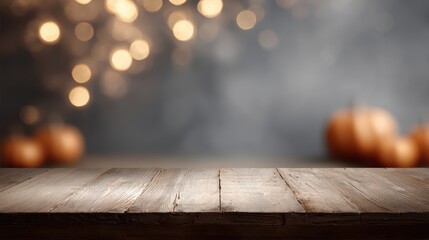 Empty rustic wooden table against blurred Halloween scene with jack lanterns, spider webs and glowing lights, mockup template with copy space