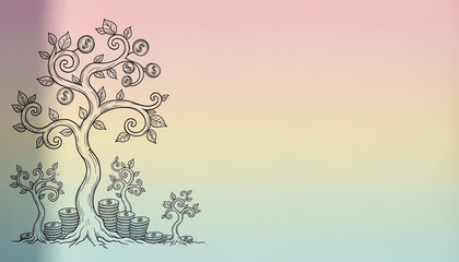 Artistic tree with dollars illustration on pastel gradient background, space for text 