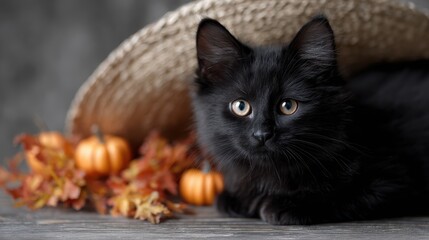 Adorable black cat wearing witch hat, surrounded by small pumpkins and orange leaves, festive Halloween scene