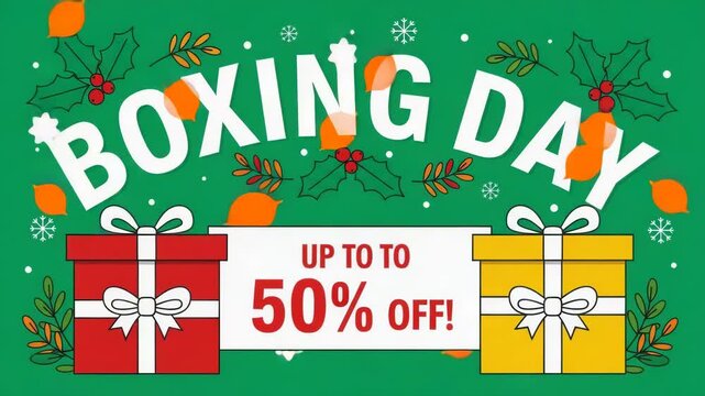 Boxing day sale with up to 50 off, decorated with gifts and holly
