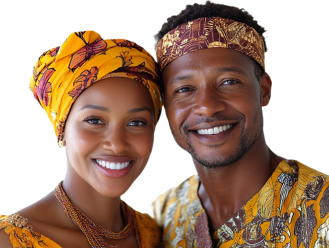 Front view mid-body shot of an extremely beautiful Malagasy couple in traditional clothing smiling isolated on a white transparent background