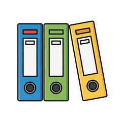 Three colorful file folders, arranged in a row, with different colored spines and labels.