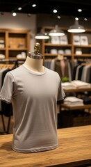 A mannequin displays a grey t-shirt on a wooden table in a clothing store with racks of apparel in the background.