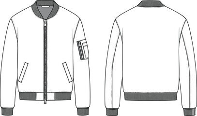 Men bomber jacket technical flat sketch, front and back view, zipper pocket design, ribbed collar, fashion cad drawing, vector illustration