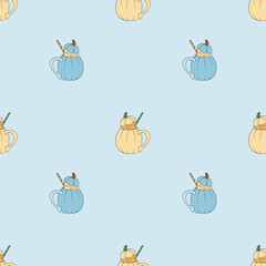Seamless pattern with blue and yellow mugs
