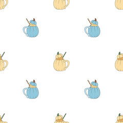 Seamless pattern with blue and yellow mugs