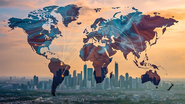 Digital world map over modern city skyline showing global connection network and international business concept