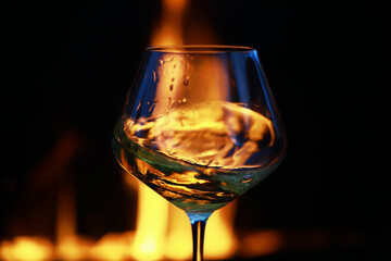 Wine Glass with Fiery Reflection: Elegant Drink Photography with Vibrant Light and Motion