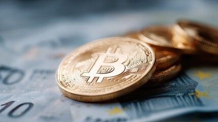 Shiny Bitcoin token on top of Euro bills, focus on crypto investment and European currency