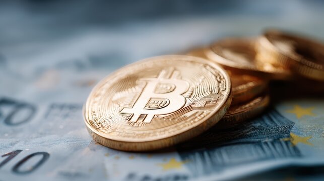 Shiny Bitcoin token on top of Euro bills, focus on crypto investment and European currency