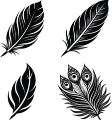 Obraz premium Set of a Elegant minimalist black fluffy contour feather style flat logo icon tattoo stock design vector silhouette illustration. Crisp outlines and a captivating contrast on a white background 