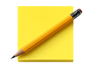 Yellow pencil lying on a yellow sticky note isolated on transparent background