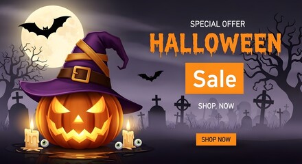 Spooky halloween sale banner with a carved pumpkin wearing a witch hat, bats, and a full moon in the background, advertising a special offer and shop now button
