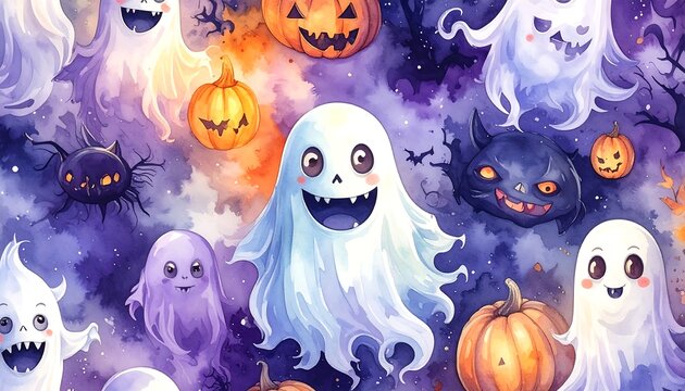 Whimsical illustration featuring smiling ghosts and jack-o'-lanterns