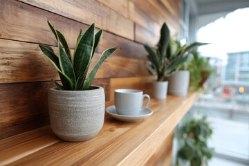 Obraz premium Home office with wooden wall panel and indoor plants
